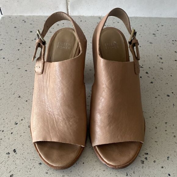 Eileen Fisher Glance Sand Leather Slingback Sandals Block Heel Women’s Size 7.5M - Picture 2 of 12